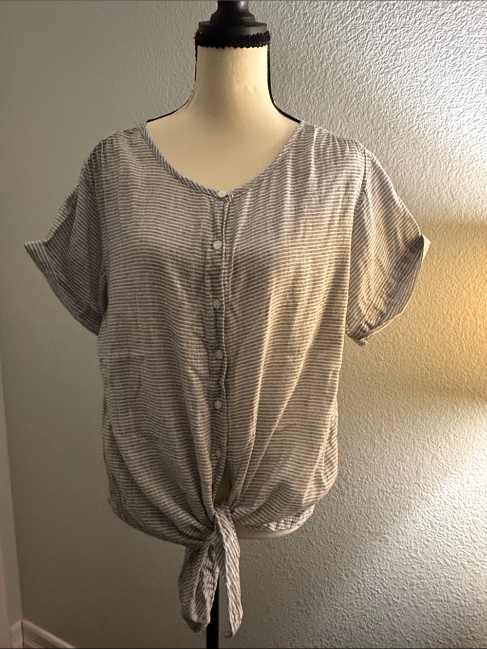 GAP Gray and White Striped Button-Front Tie Top